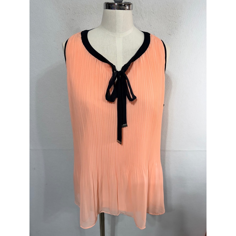 Elle Top Pleated Sleeveless Tie Neck Womens Large Peach Preppy Blouse Sleeveless